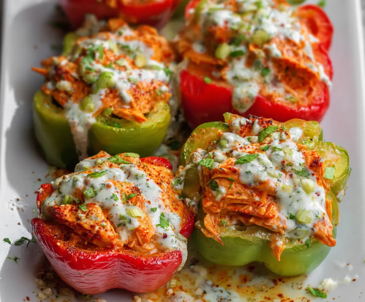 Buffalo chicken stuffed peppers with melted cheese and fresh herbs in a baking dish