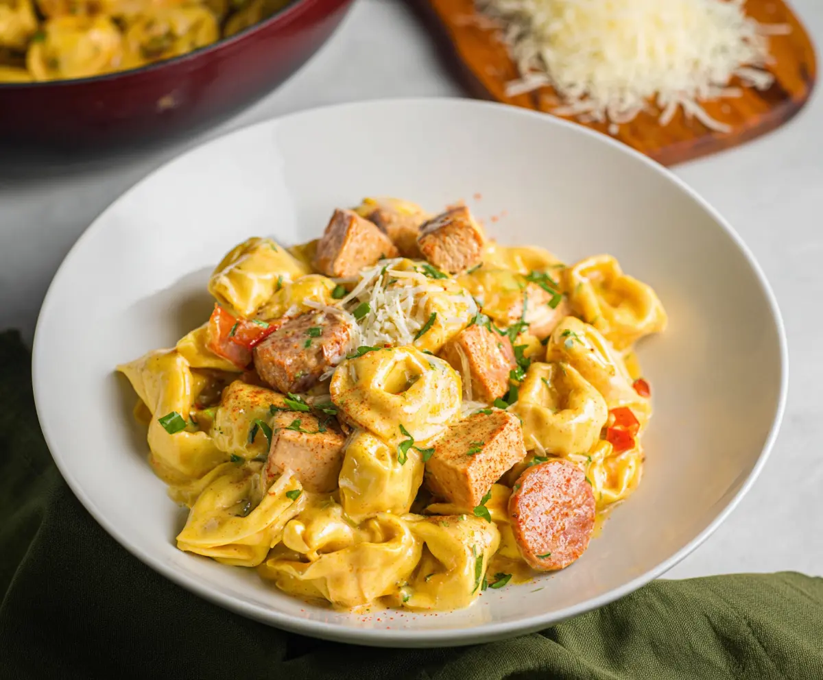 Delicious Cajun Chicken Tortellini with spicy seasonings and creamy sauce on a plate