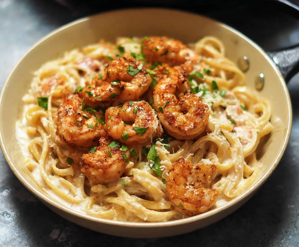 Creamy Cajun Shrimp Alfredo pasta dish with seasoned shrimp and rich sauce