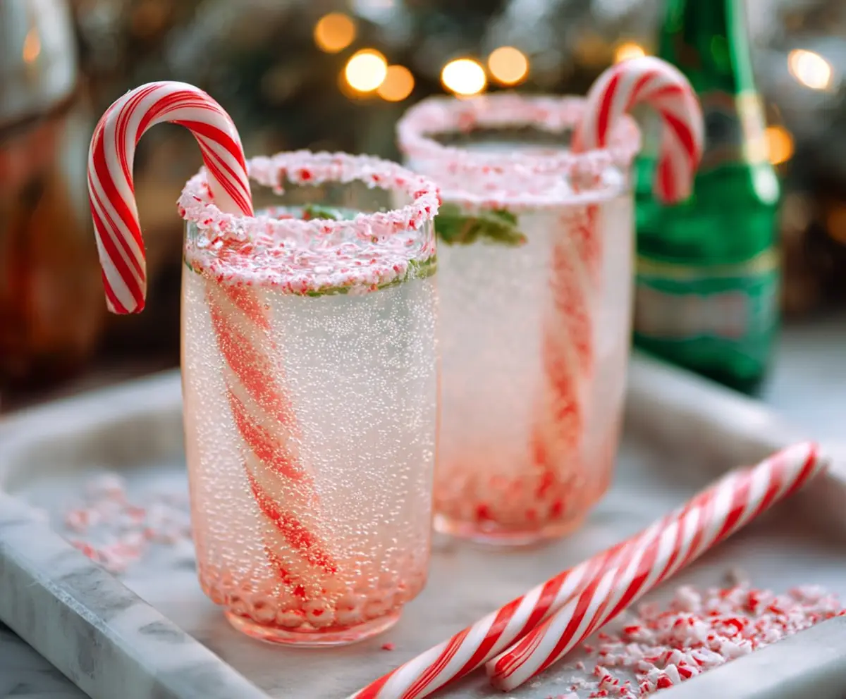 Refreshing Candy Cane Spritzer Cocktail in a glass garnished with a candy cane and mint leaves