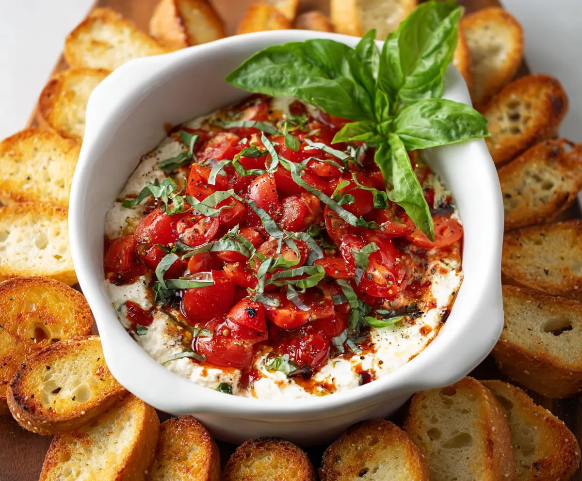 Creamy Caprese Dip with fresh mozzarella, cherry tomatoes, basil, and balsamic glaze served in a white bowl.