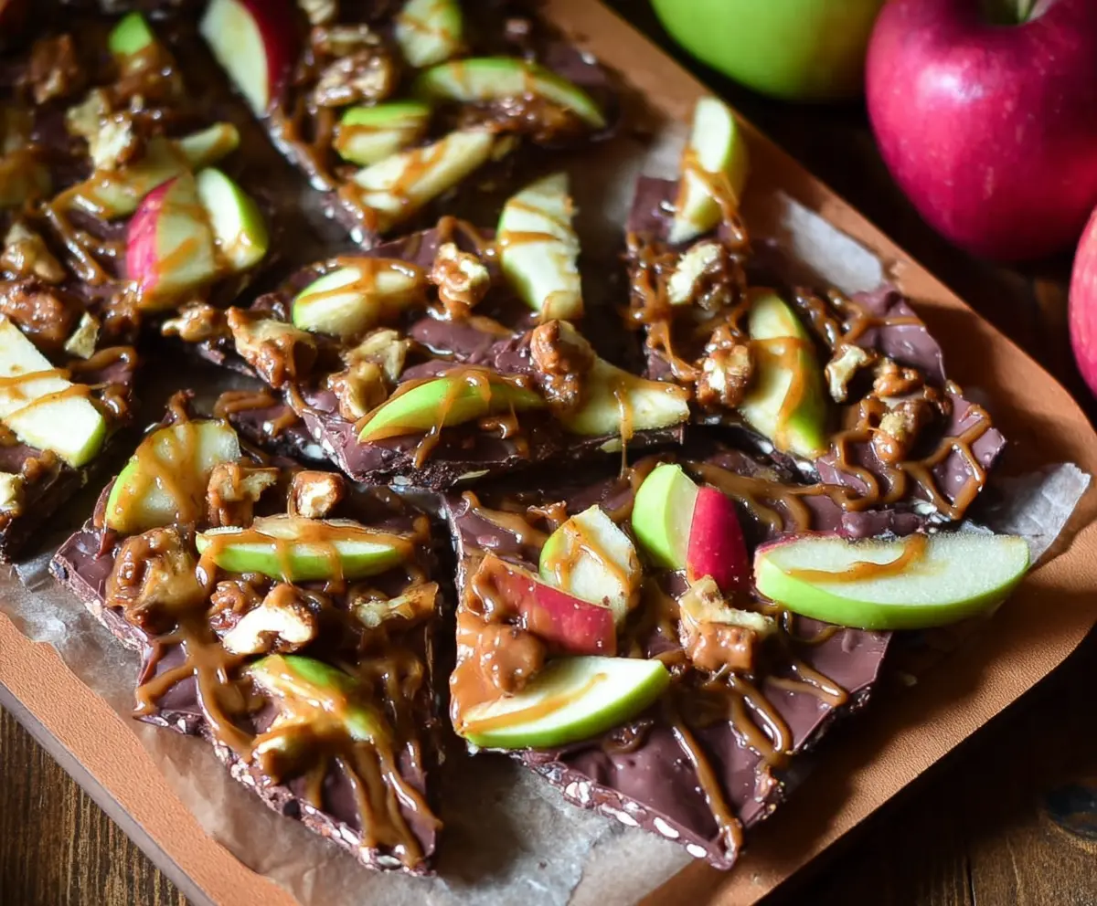 Delicious caramel apple bark with shiny caramel coating and crunchy apple pieces