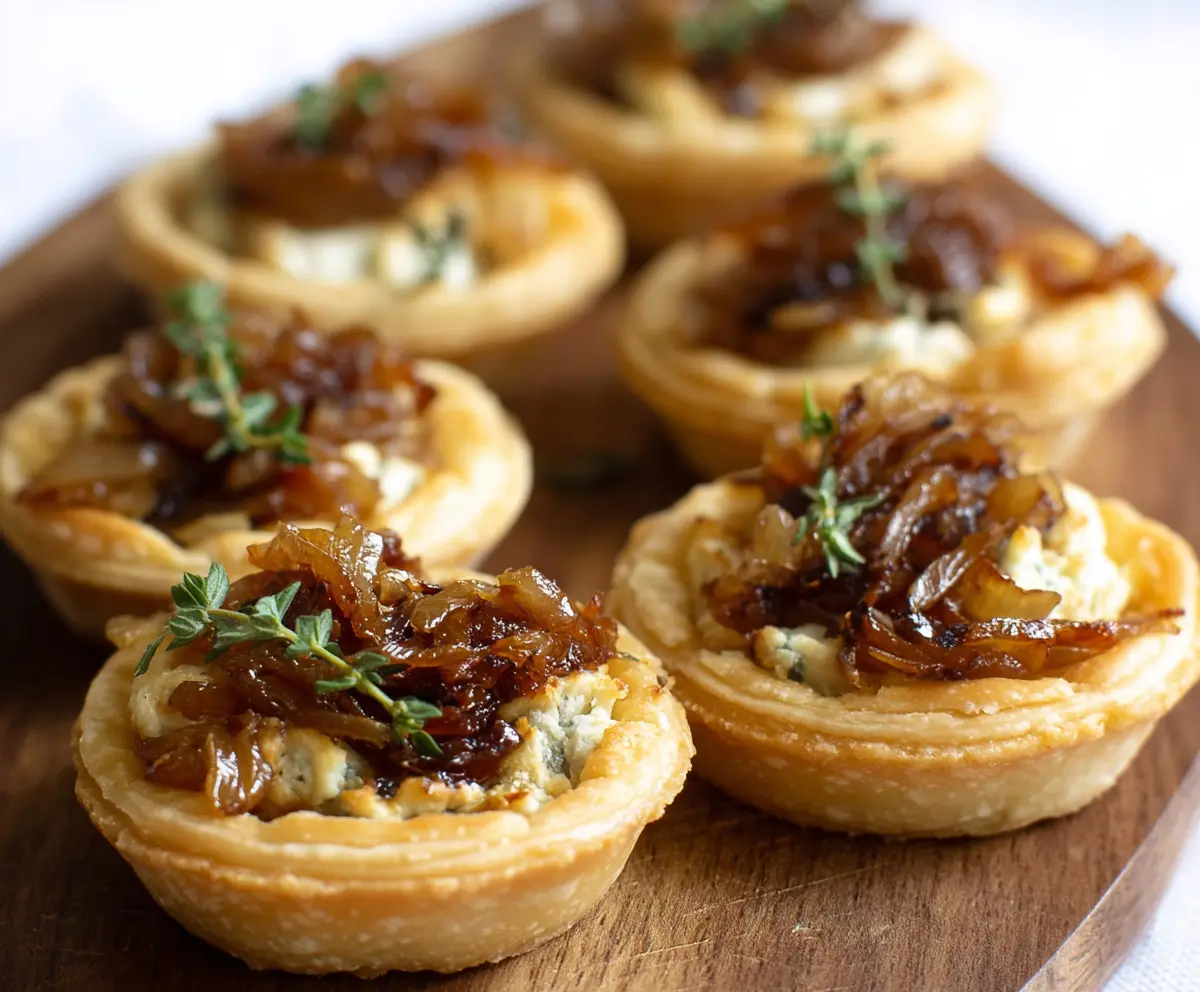 Delicious caramelized onion tartlets topped with golden cheese on a rustic plate.