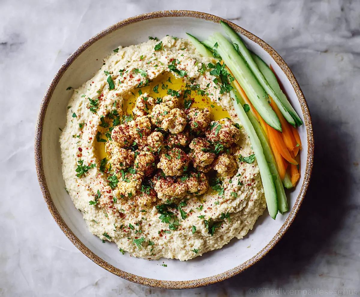 Creamy cauliflower hummus served with fresh vegetables on a white plate.