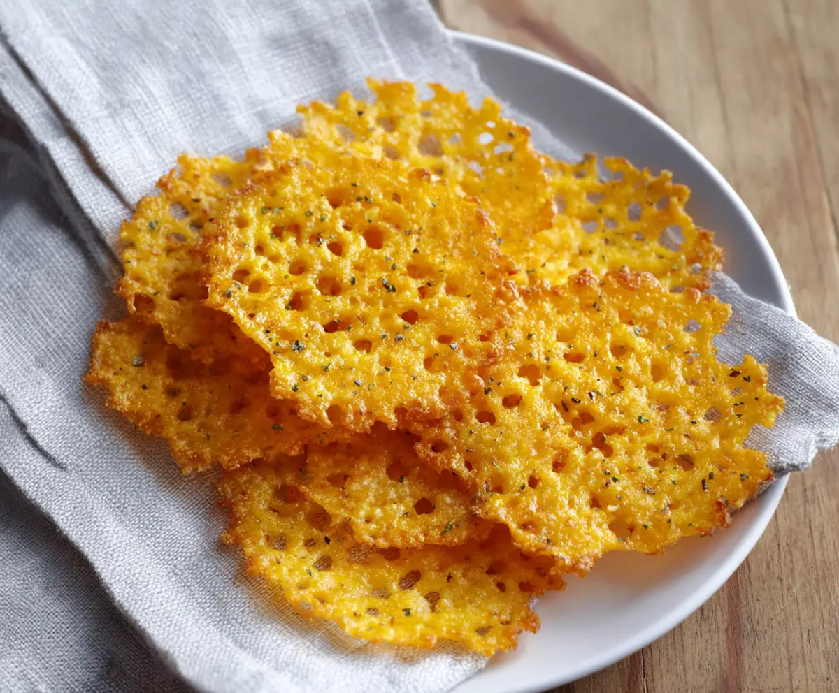 Crispy cheddar cheese crisps served on a plate, perfect as a snack or appetizer.