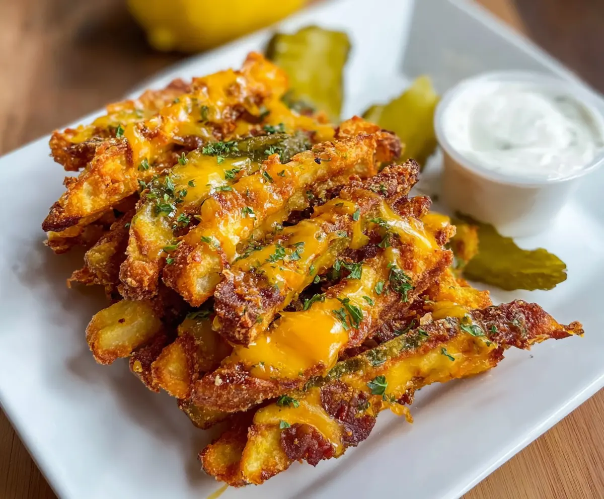 Crispy cheddar and pickle fries served with dipping sauce on a platter.