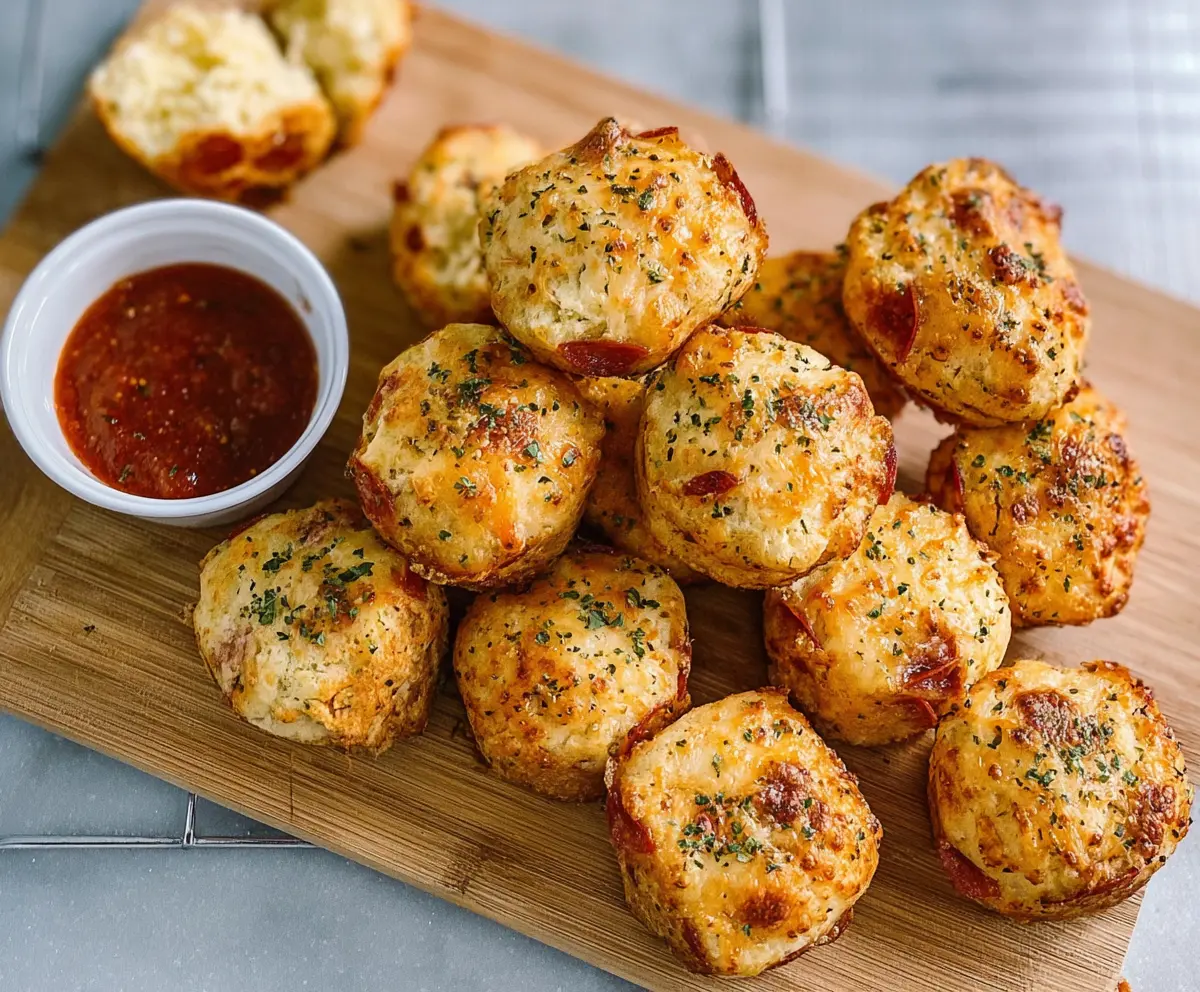 Delicious cheesy pepperoni bites on a white plate, perfect for snacks or parties.