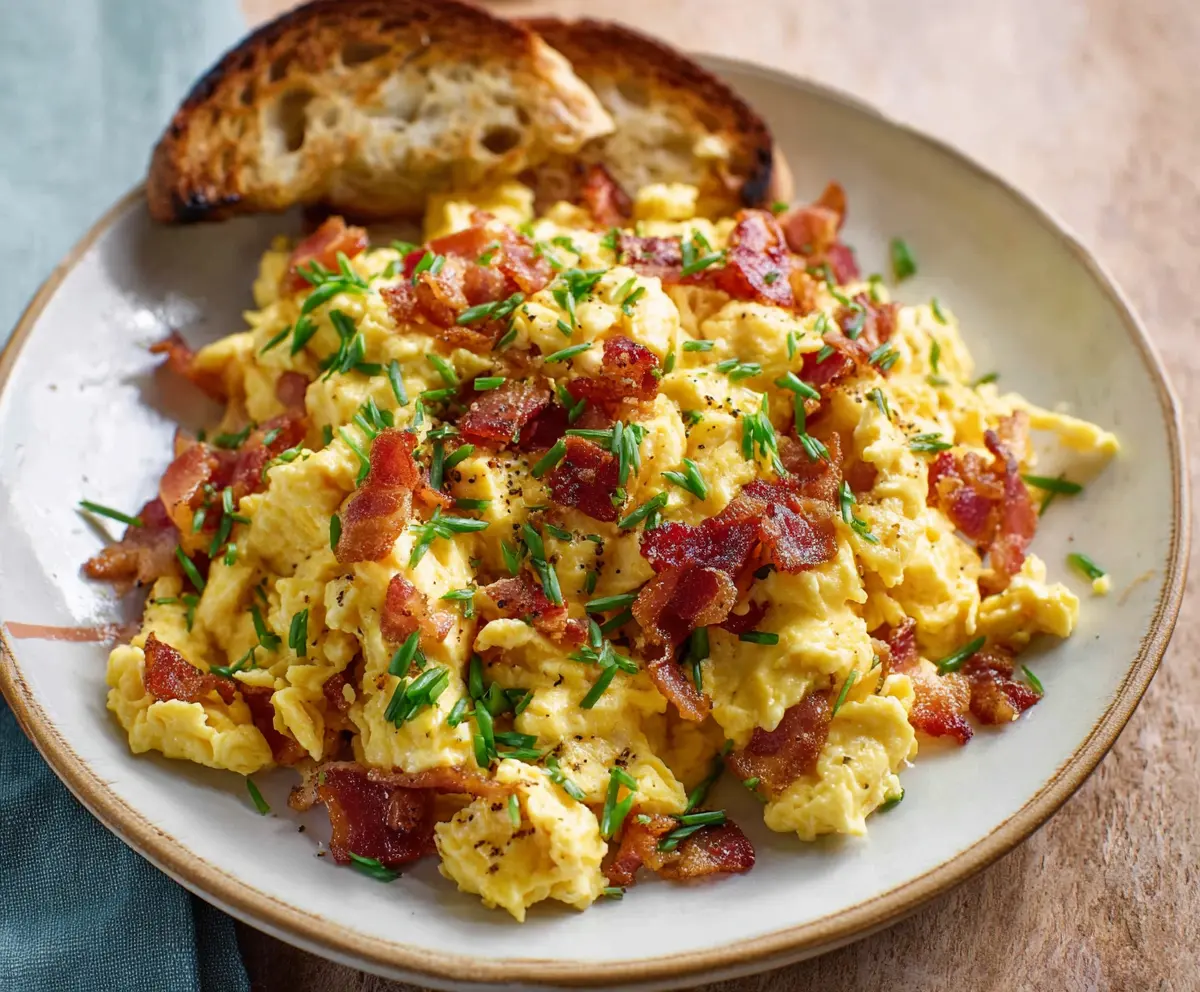 Delicious cheesy scrambled eggs topped with crispy bacon on a breakfast plate.