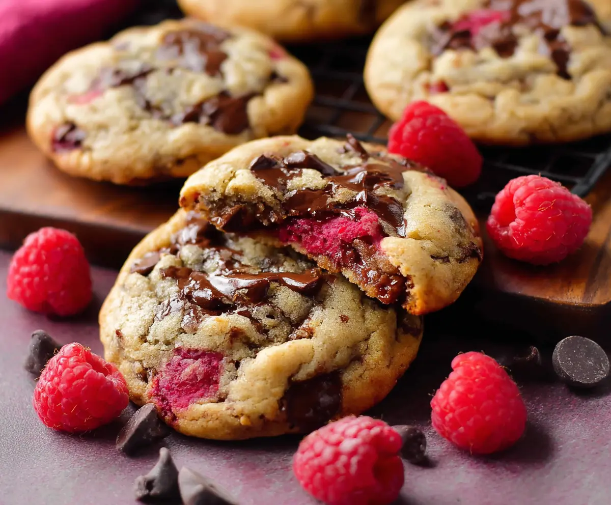 Delicious chewy raspberry chocolate chip cookies fresh out of the oven, showcasing vibrant red berries and melty chocolate chunks.