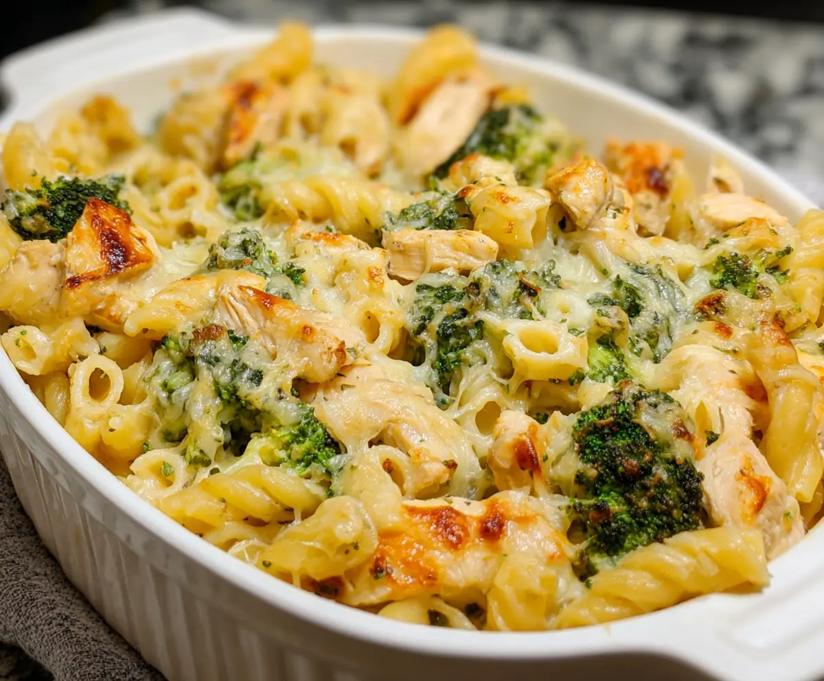 Hearty chicken and broccoli pasta bake in a baking dish, ready to serve.