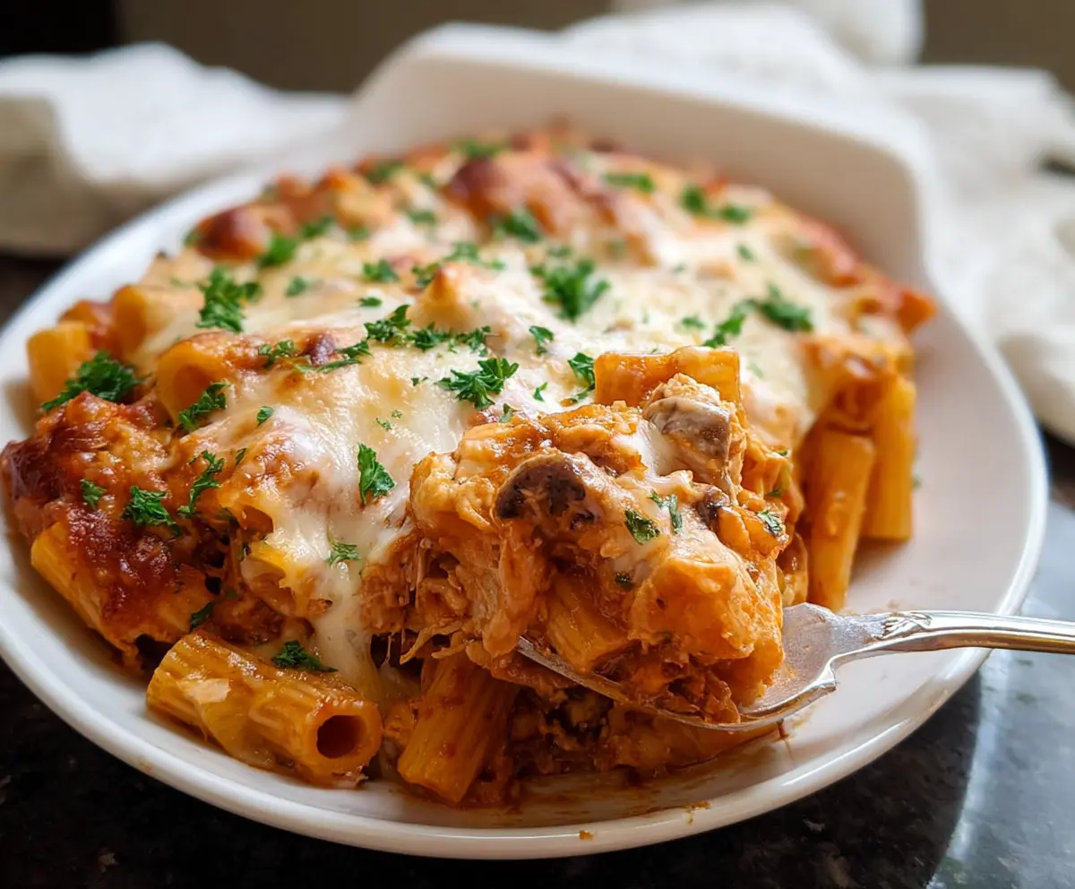 Delicious Chicken Rigatoni Pasta Bake with melted cheese and flavorful sauce in a baking dish.