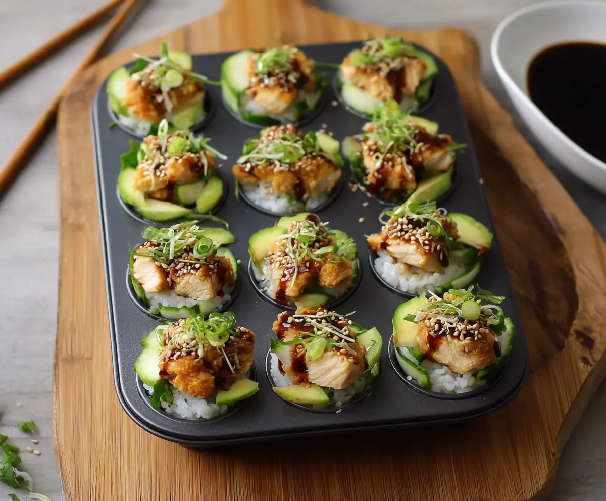 Delicious chicken sushi cups with fresh vegetables and rice, perfect for appetizer or light meal