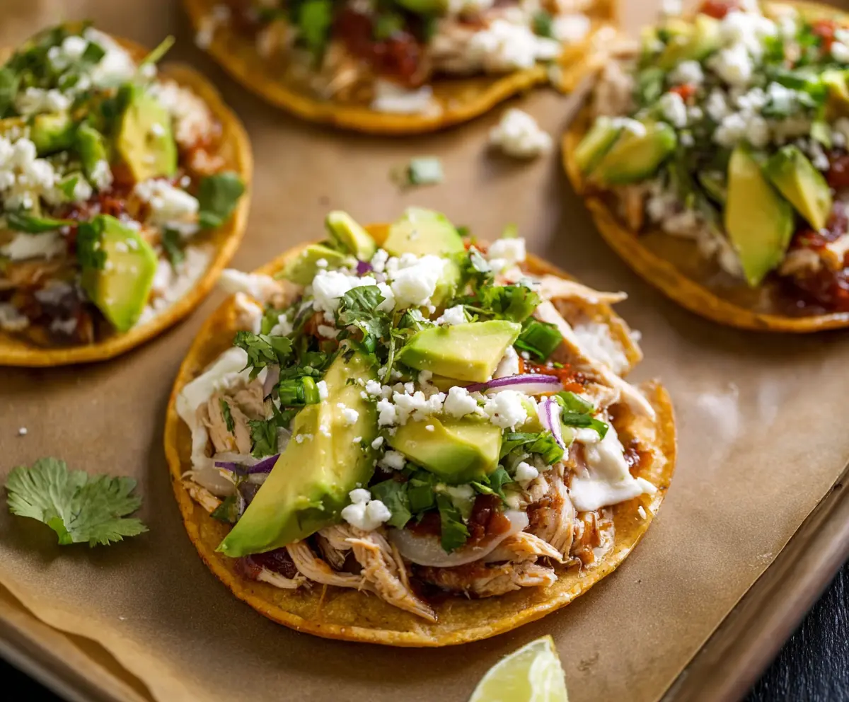 Delicious chicken tostadas topped with fresh vegetables and cheese on a rustic plate.