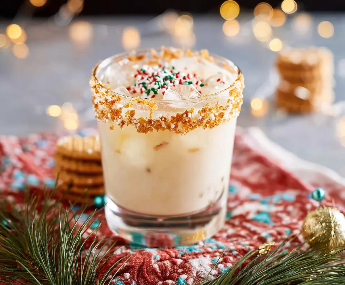 Festive Christmas Cookie Cocktail in a decorative glass, garnished with holiday-themed sprinkles and a candy cane.