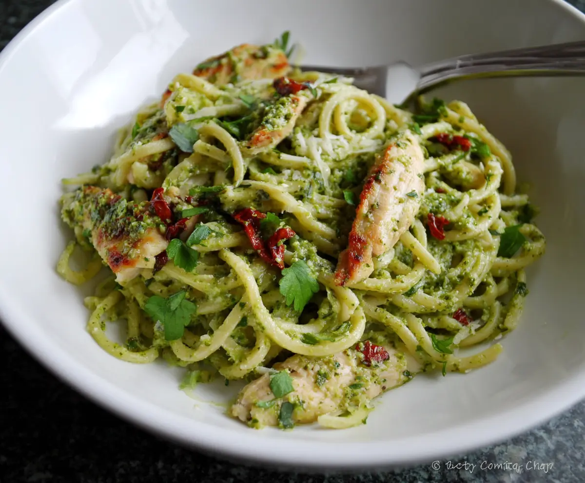 Delicious Cilantro Chicken and Pesto Pasta served on a white plate with fresh herbs