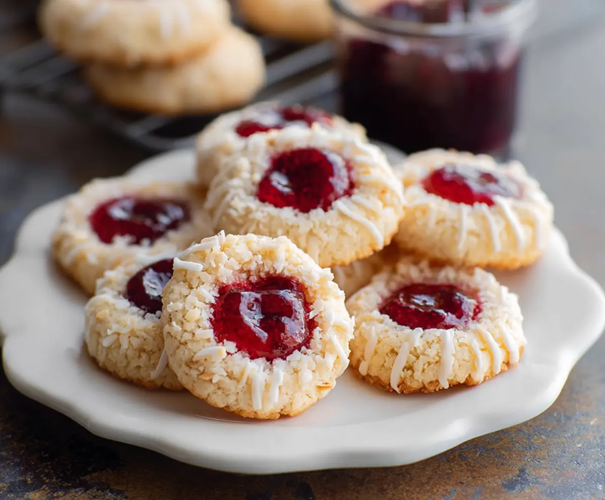 Delicious coconut raspberry thumbprint cookies with fresh raspberry filling and toasted coconut on top.