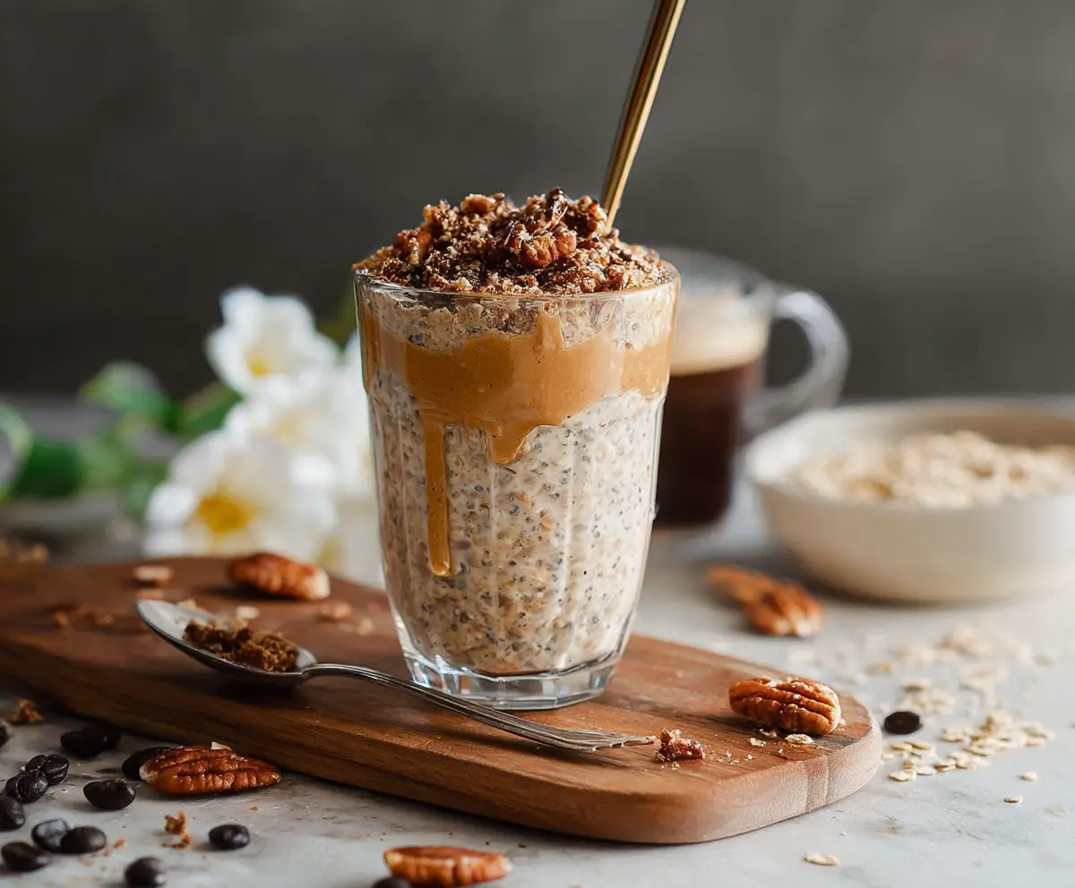 Delicious Coffee Cake Overnight Oats in a jar topped with cinnamon and nuts