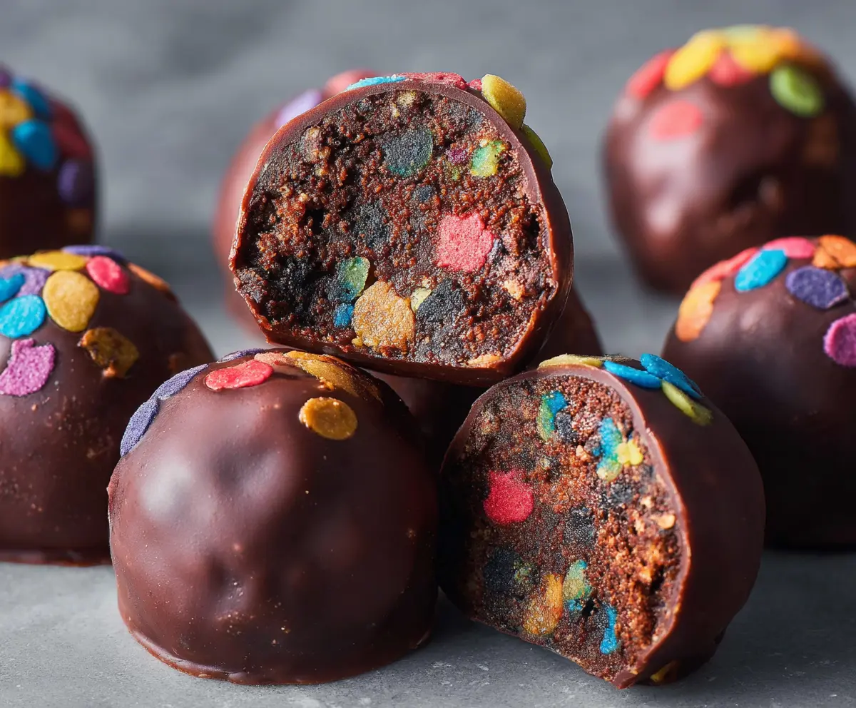 Delicious Cosmic Brownie Protein Bites on a plate with colorful sprinkles and star-shaped decorations.