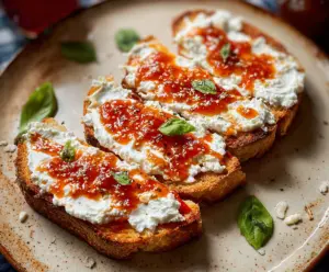 Delicious cottage cheese pizza toast topped with fresh herbs and melted cheese.