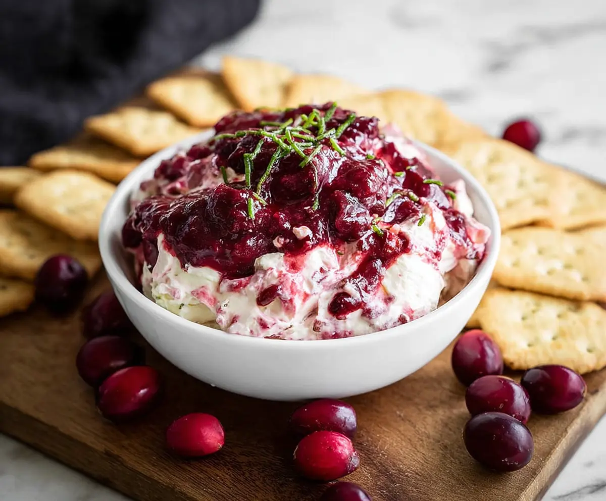 Delicious cranberry cream cheese dip topped with fresh cranberries and served with crackers.