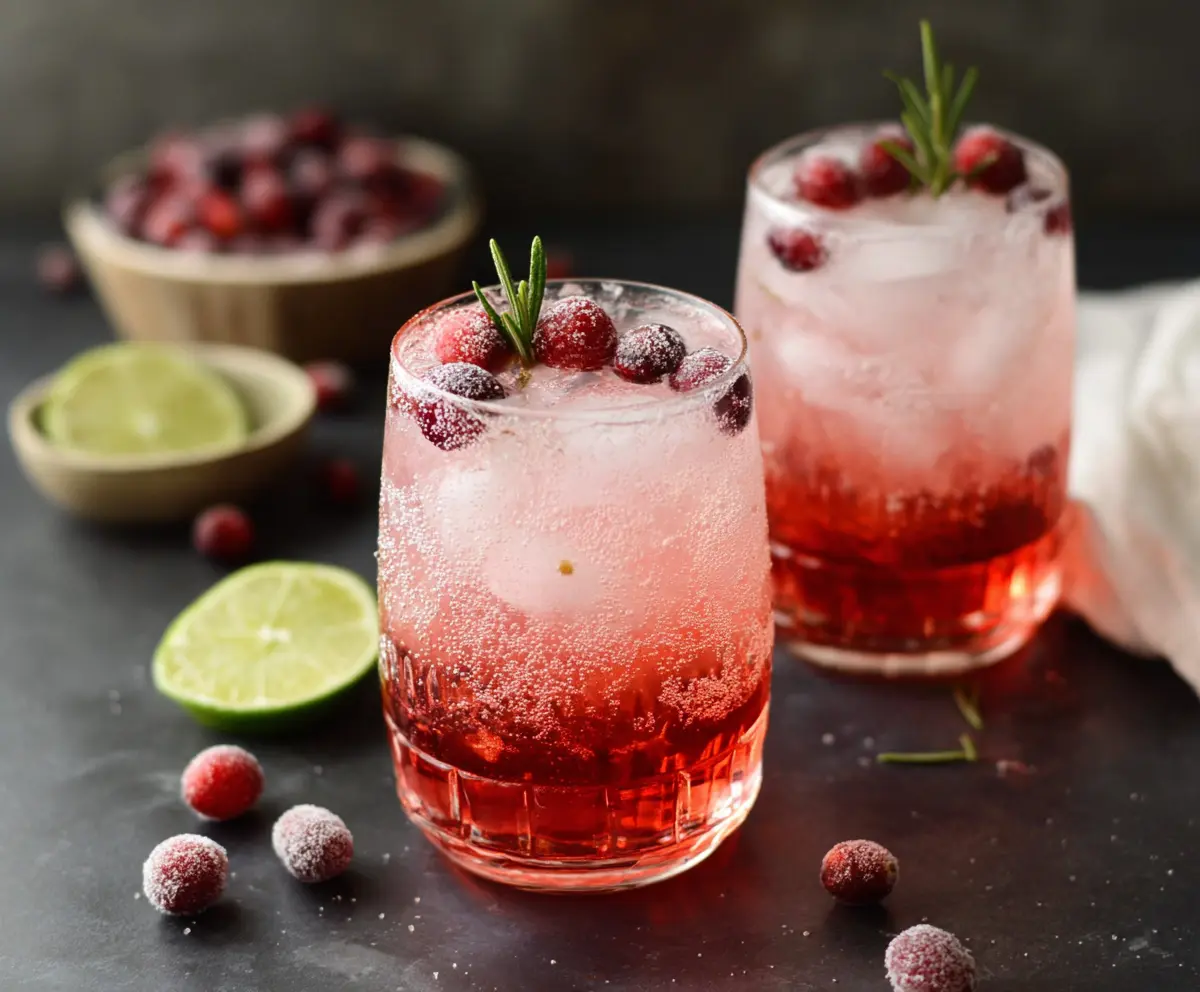 Refreshing Cranberry Gin Fizz cocktail served in a tall glass with fresh cranberries and a lime wedge.