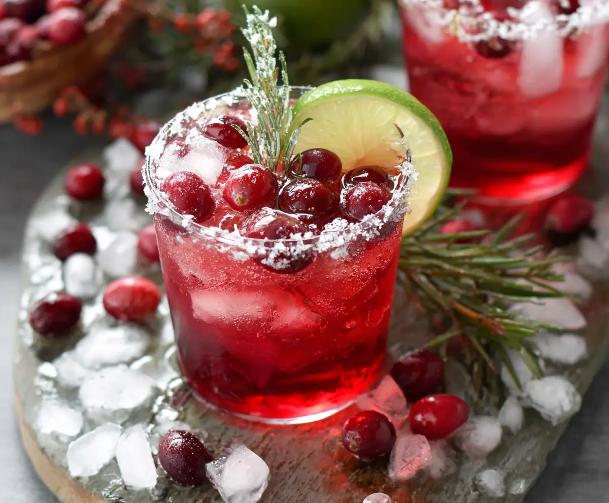 Refreshing cranberry margarita cocktail with fresh cranberries and lime wedge