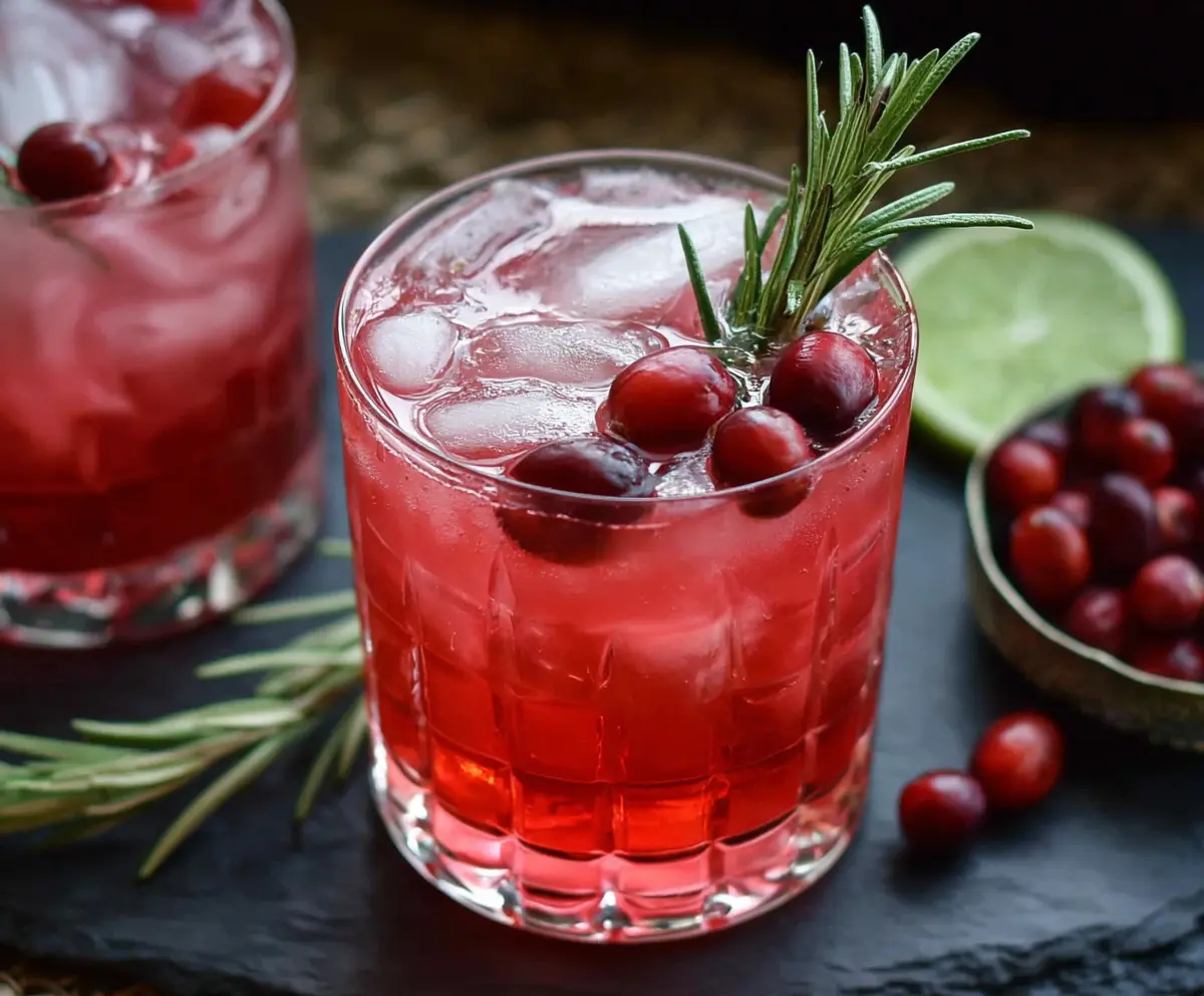 Glass of cranberry rosemary vodka cocktail garnished with fresh cranberries and rosemary sprig, served on a dark background.