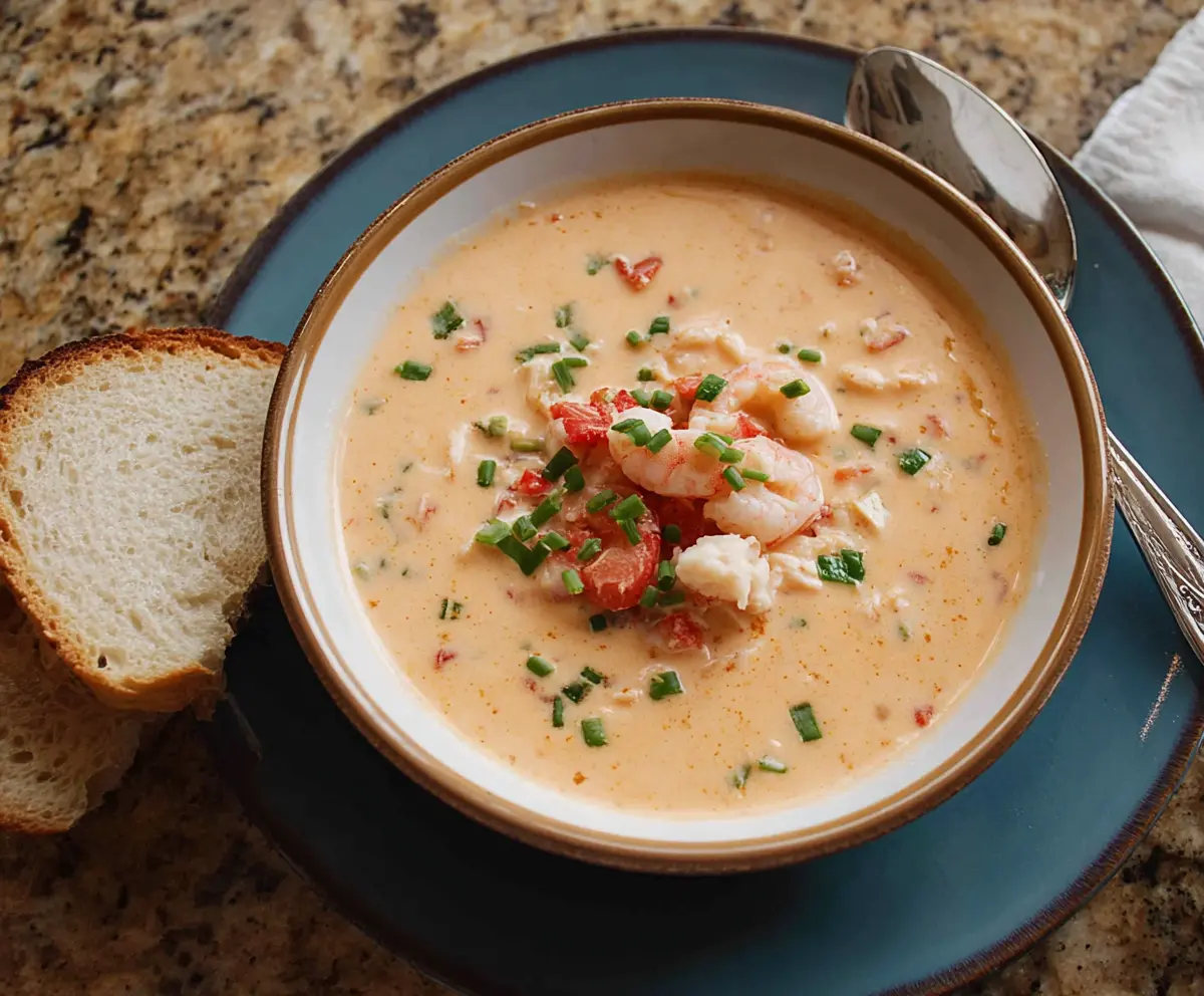 Creamy crab and shrimp seafood bisque served in a bowl, garnished with fresh herbs.