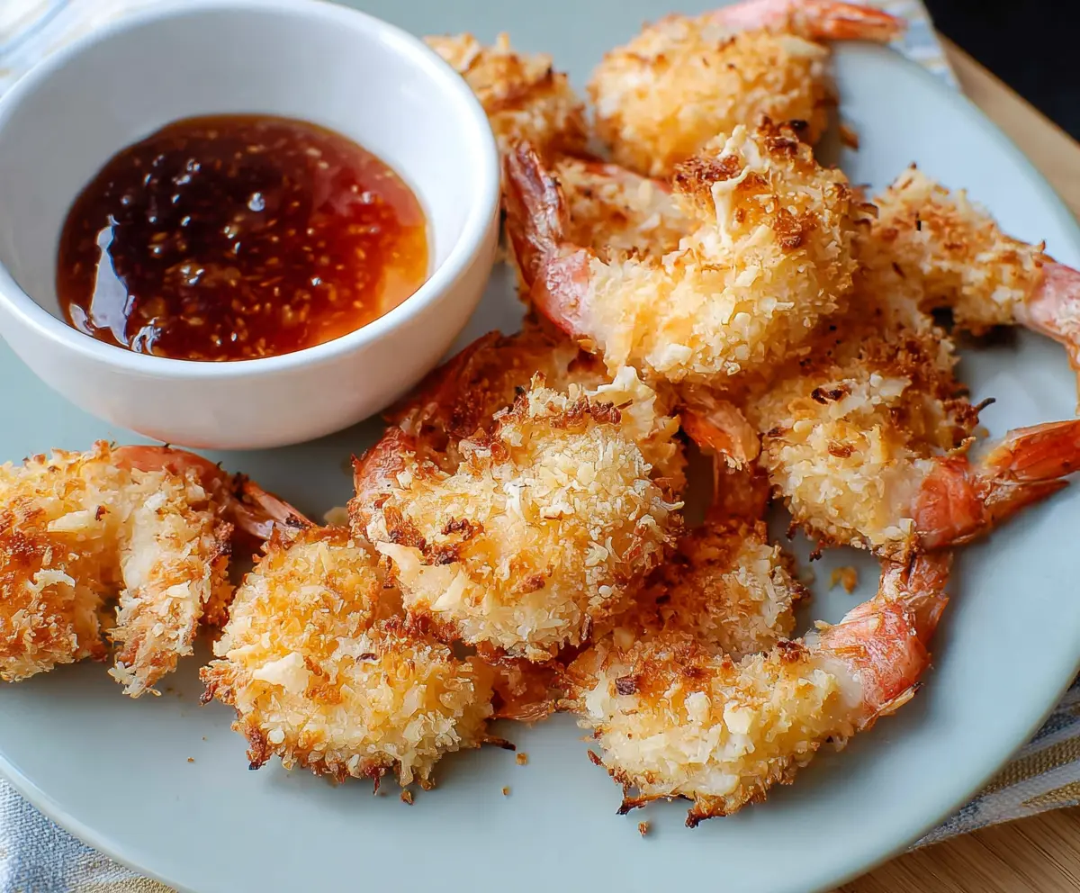 Crispy baked coconut shrimp served on a plate with a side of lemon and fresh herbs.