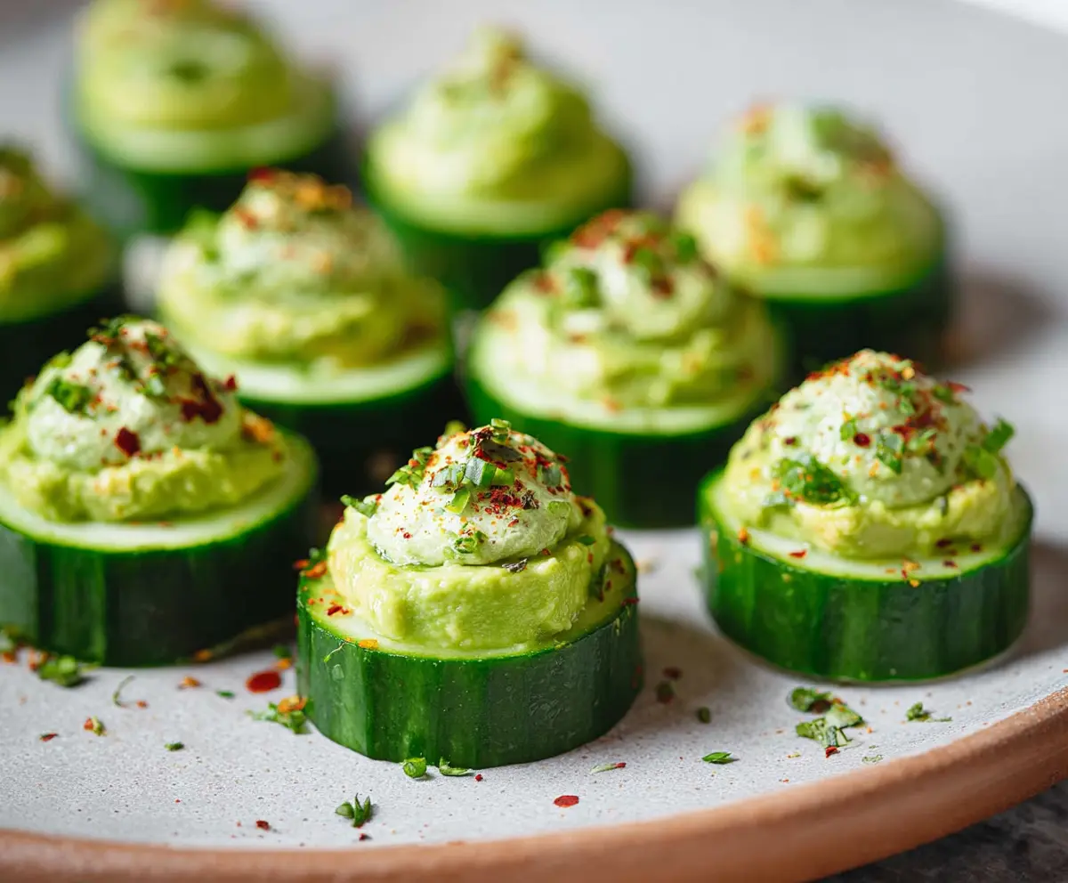 Fresh cucumber and creamy avocado bites garnished with herbs, perfect for a healthy appetizer.