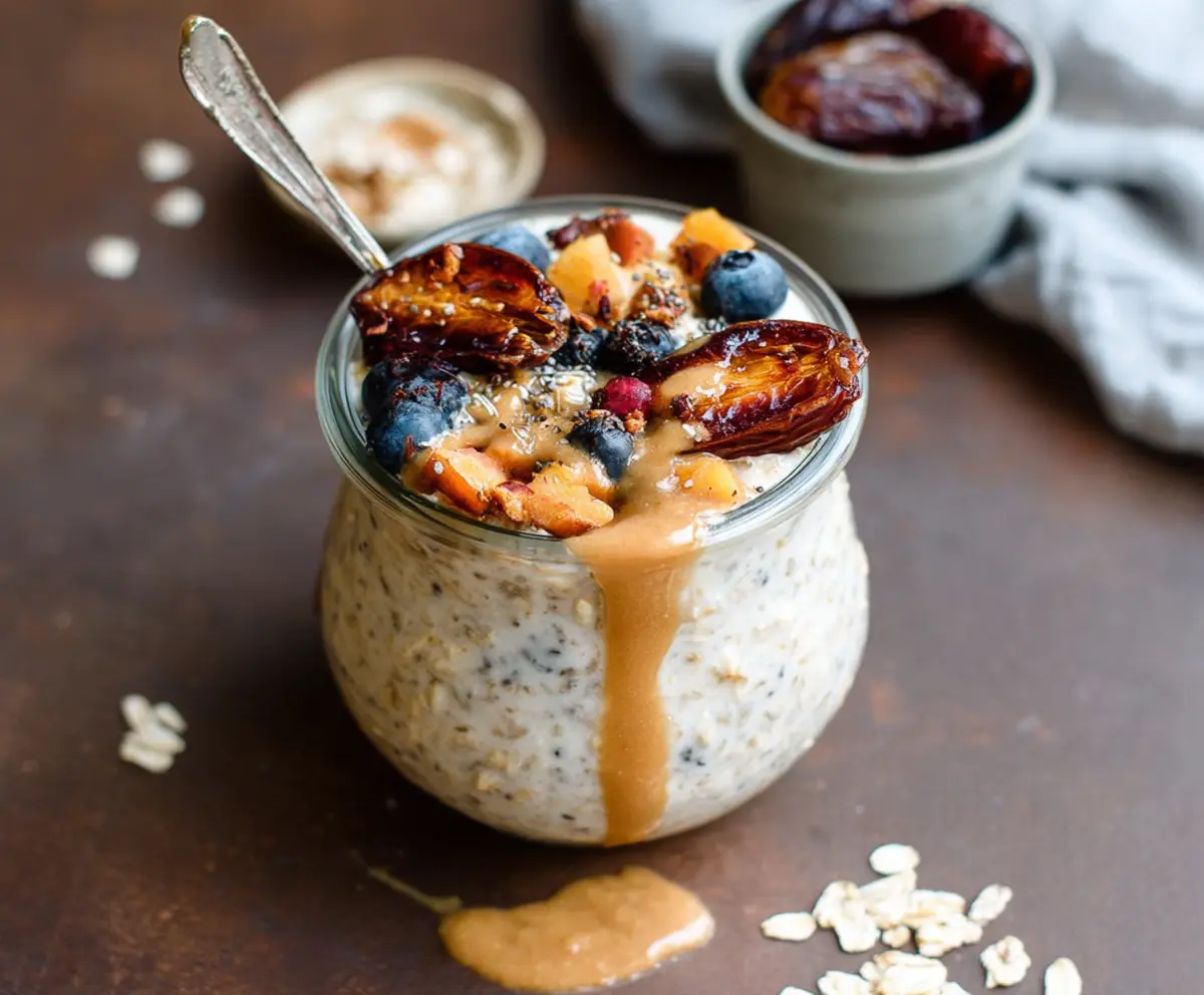 Delicious Date and Tahini Overnight Oats in a jar, featuring creamy oats topped with chopped dates and a drizzle of tahini.