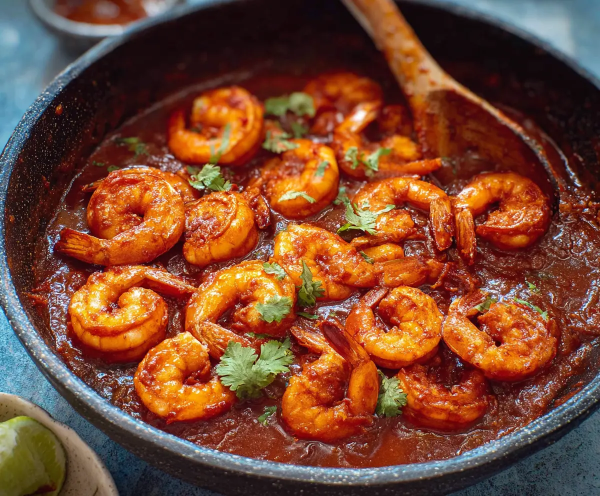 Spicy Diablo Shrimp served with sizzling peppers and vibrant garnishes on a plate.