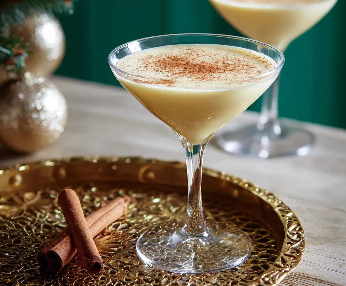 Creamy Eggnog Martini cocktail garnished with nutmeg in a stylish glass for holiday celebration