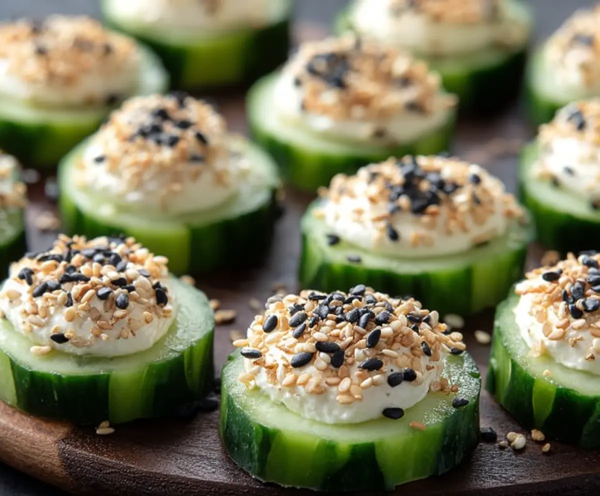 Delicious Everything Bagel Cucumber Bites with cream cheese and sesame seeds on a white plate