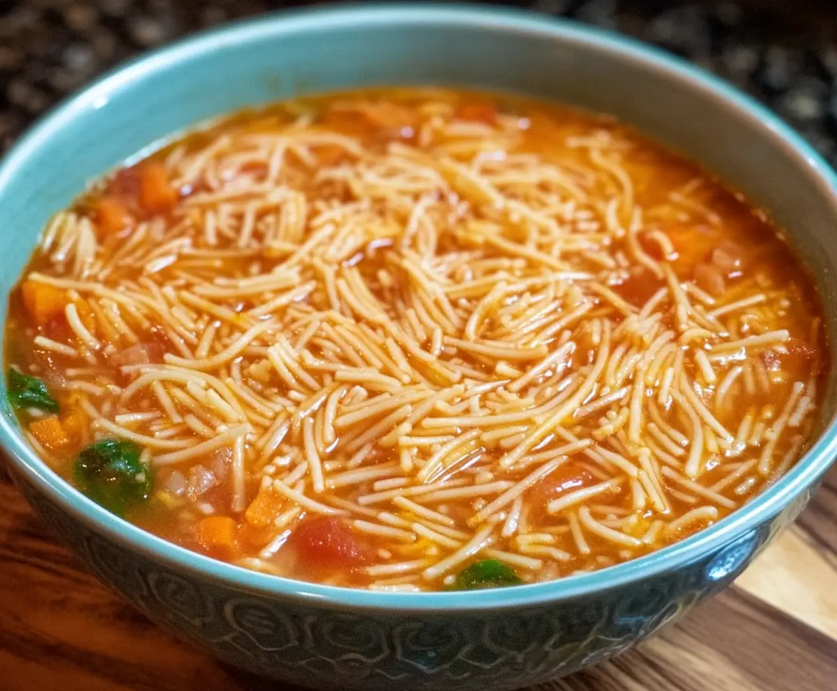 A comforting bowl of Fideo Pasta Soup with crispy pasta noodles and fresh vegetables.