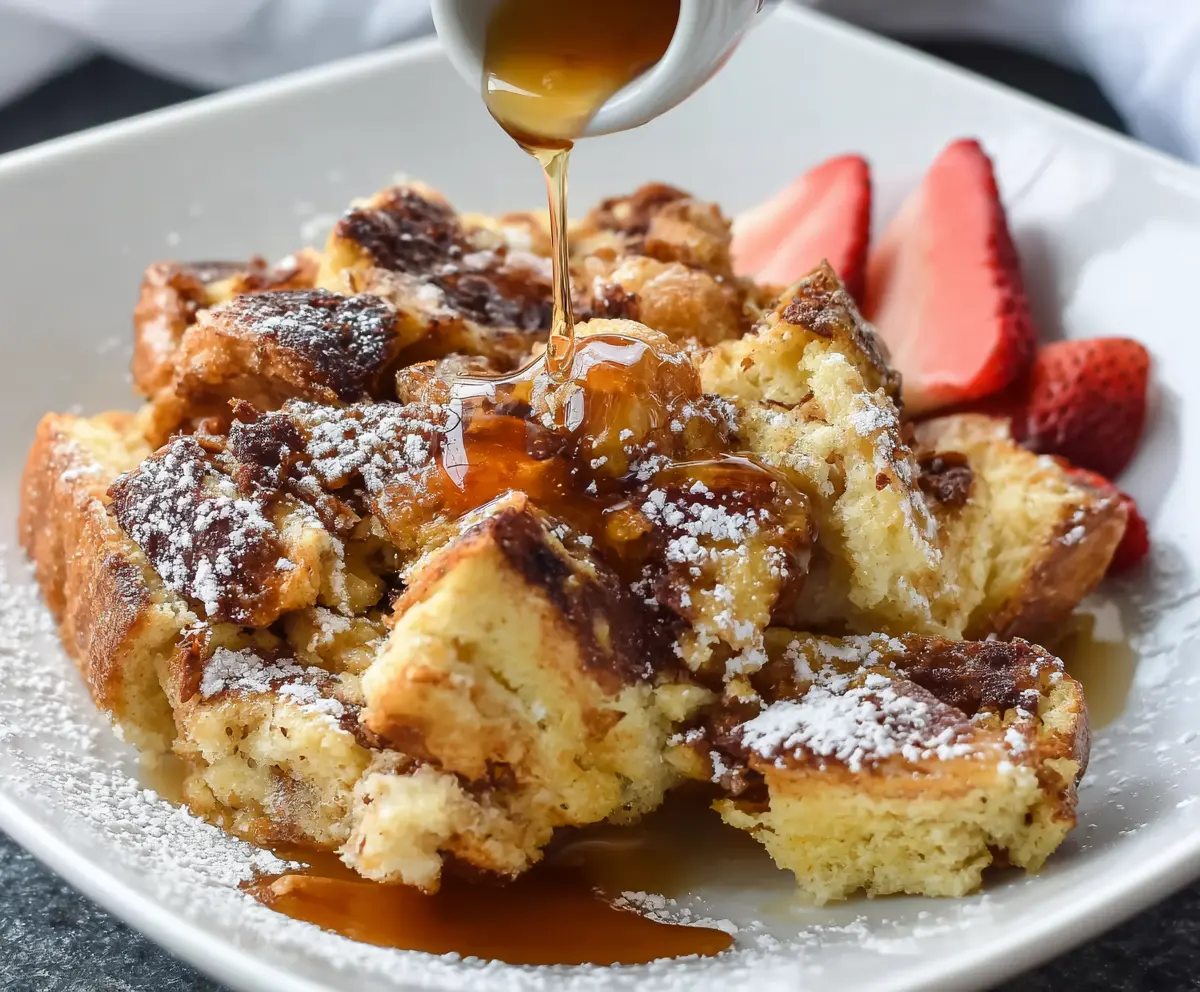 Delicious French Toast Casserole topped with powdered sugar and fresh berries for a perfect breakfast treat