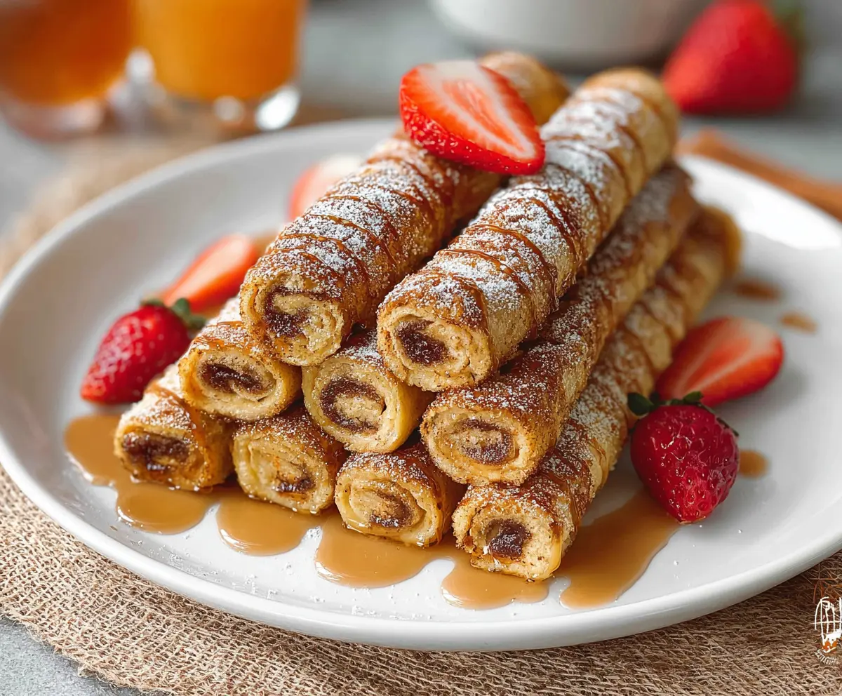 Delicious French Toast Roll Ups filled with cream cheese and berries, served with syrup.
