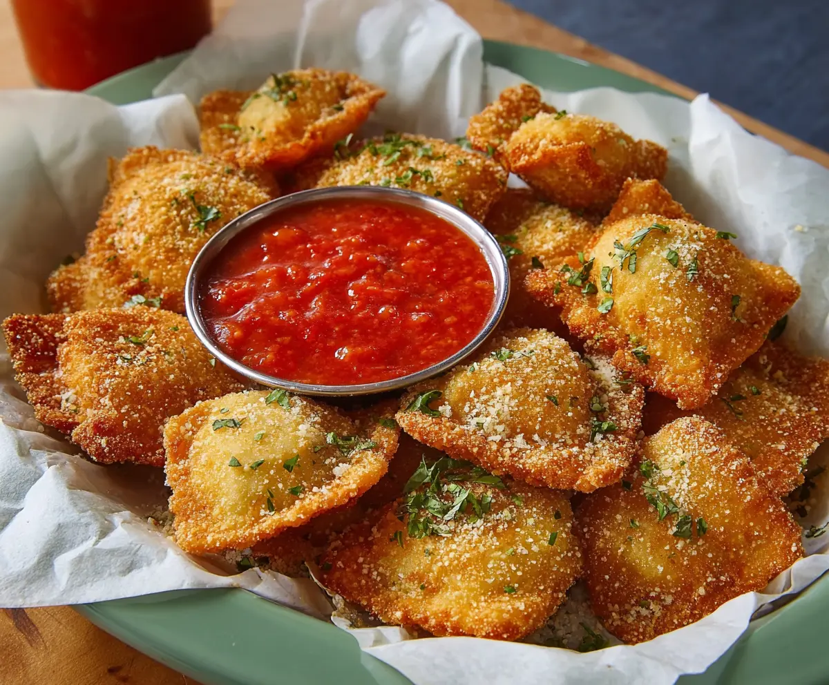 Crispy fried ravioli with golden breading served with marinara sauce