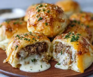 Close-up of Garlic Parmesan Cheeseburger Bombs served on a plate, garnished with herbs.