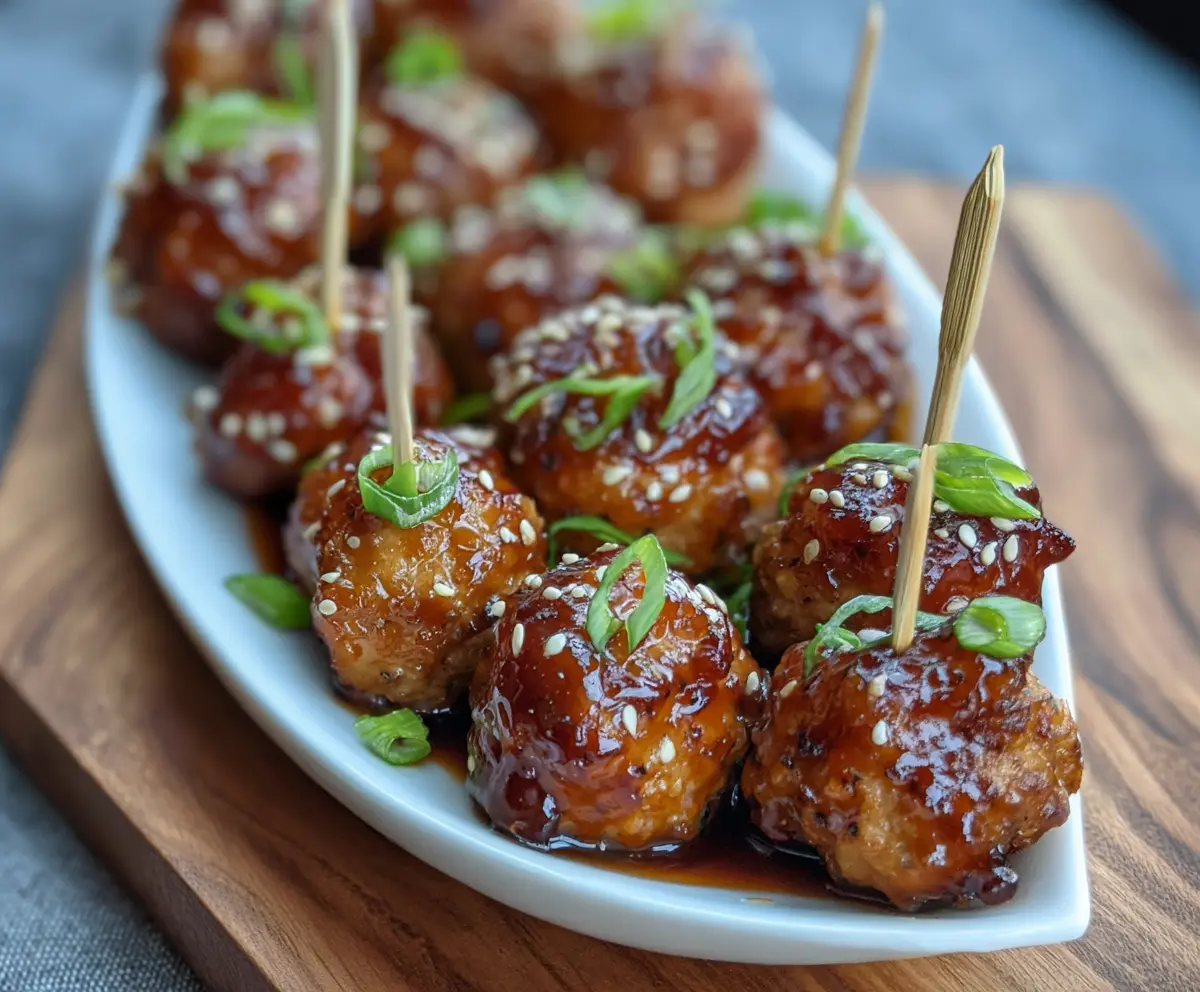 Delicious ginger glazed turkey meatball bites served on a platter for appetizer.