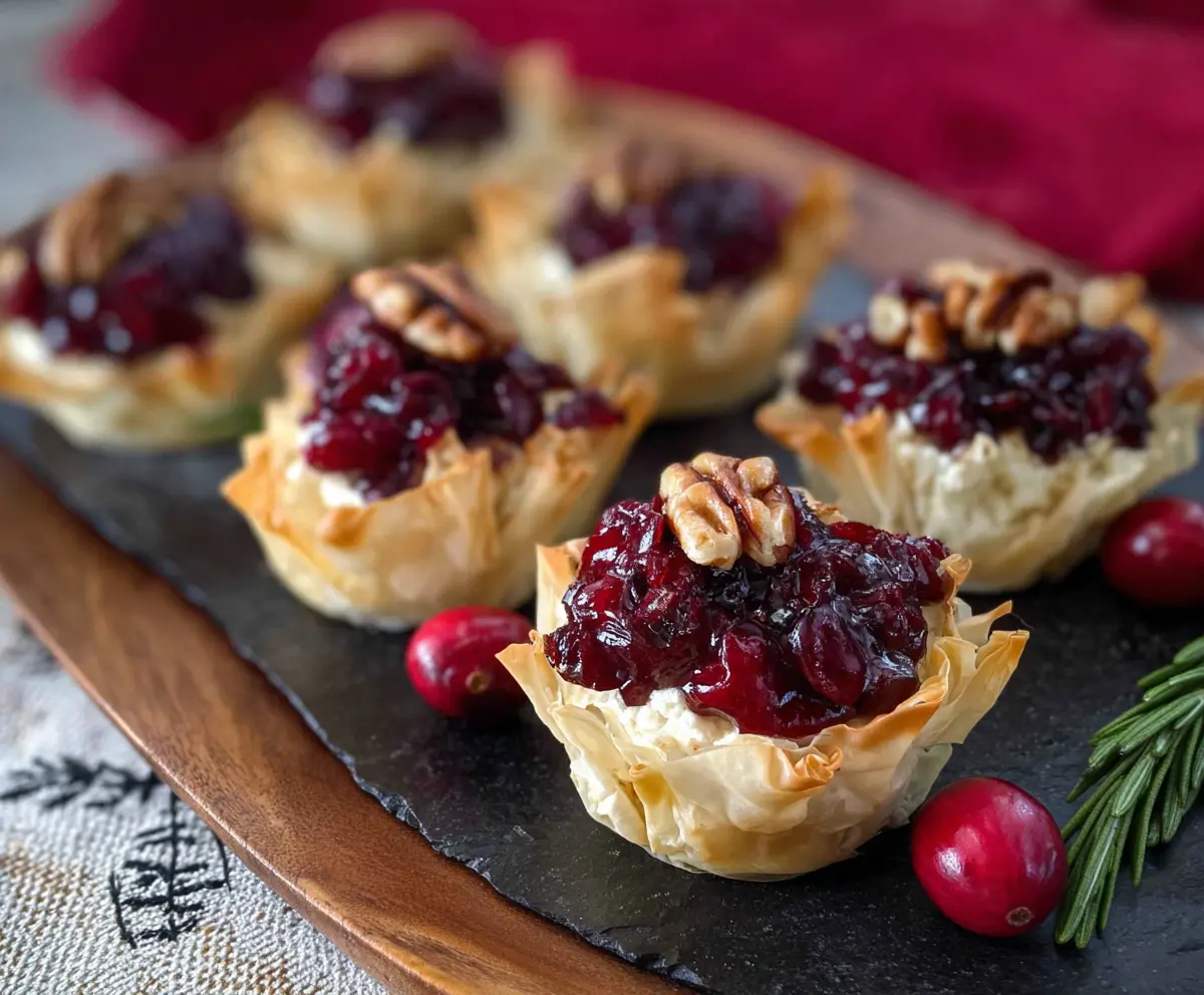 Delicious Goat Cheese Cranberry Phyllo Cups garnished with fresh herbs, perfect for appetizers.