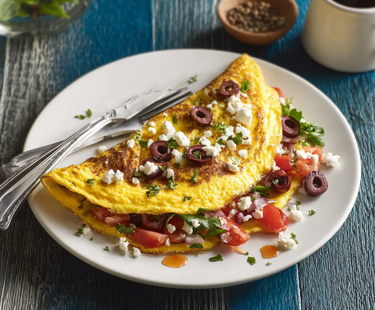Delicious Greek omelet filled with feta cheese, spinach, and tomatoes on a breakfast plate.