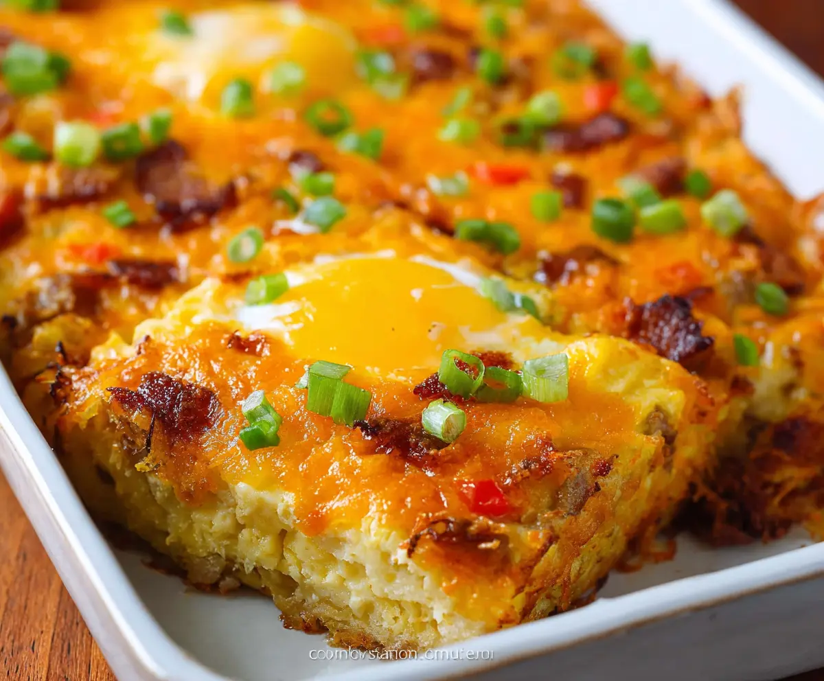 Delicious Hashbrown Breakfast Casserole with eggs, perfect for brunch or breakfast.