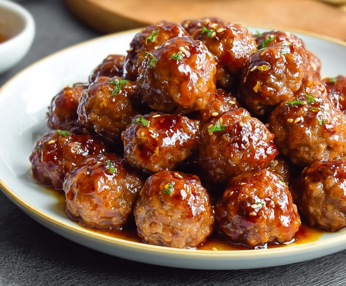 Delicious honey garlic meatballs garnished with fresh herbs on a rustic plate.