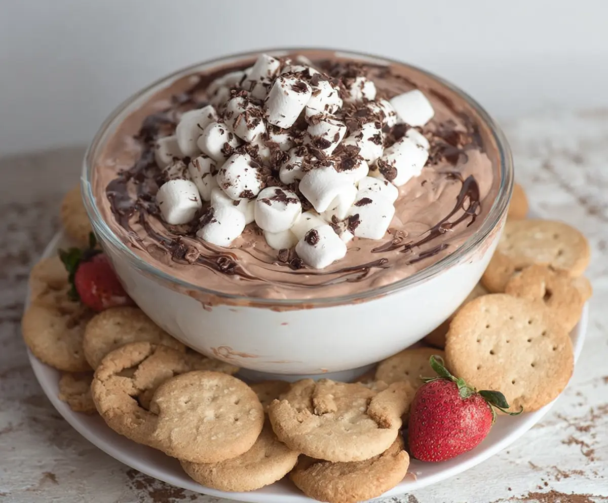 Delicious Hot Cocoa Cheesecake Dip served in a bowl with chocolate and marshmallows