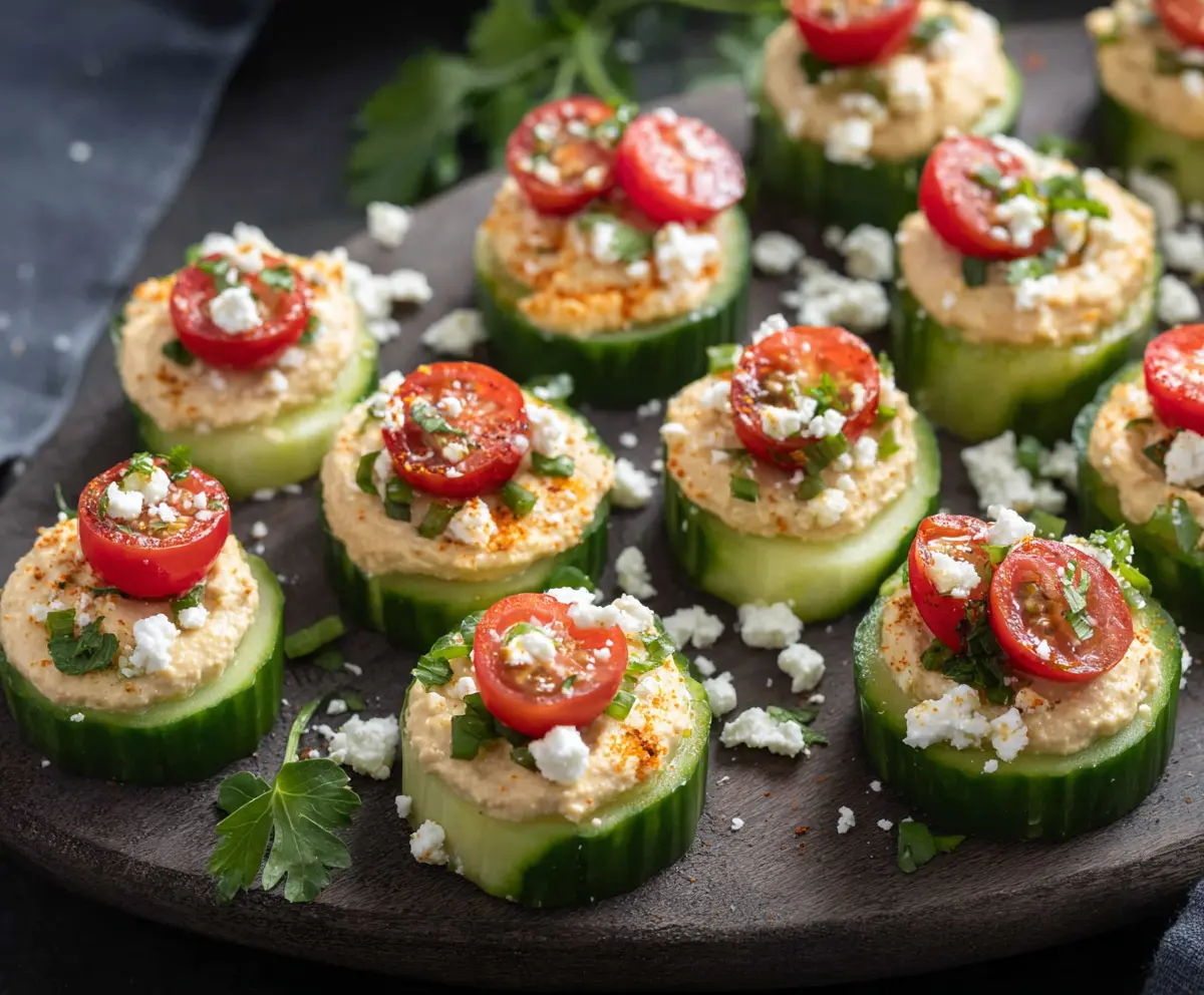 Delicious hummus cucumber bites served as a healthy appetizer.