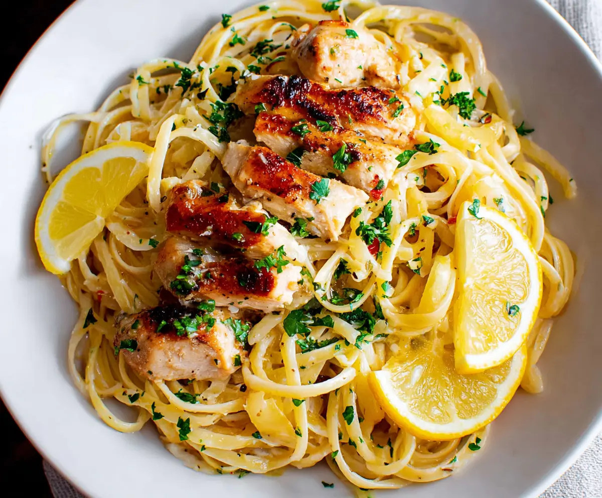 Delicious Lemon Garlic Chicken Pasta served on a plate, garnished with fresh herbs, perfect for a savory meal.