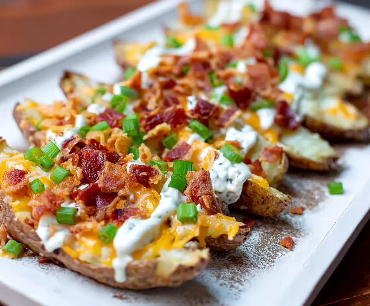 Crispy loaded baked potato wedges topped with cheese, bacon, and green onions on a white plate.