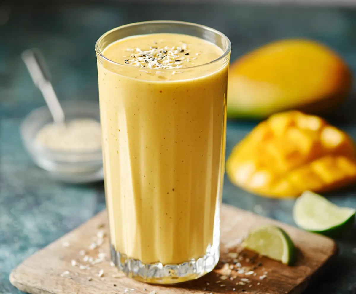 Refreshing mango protein smoothie in a clear glass with fresh mango slices and a straw, perfect for a healthy breakfast.