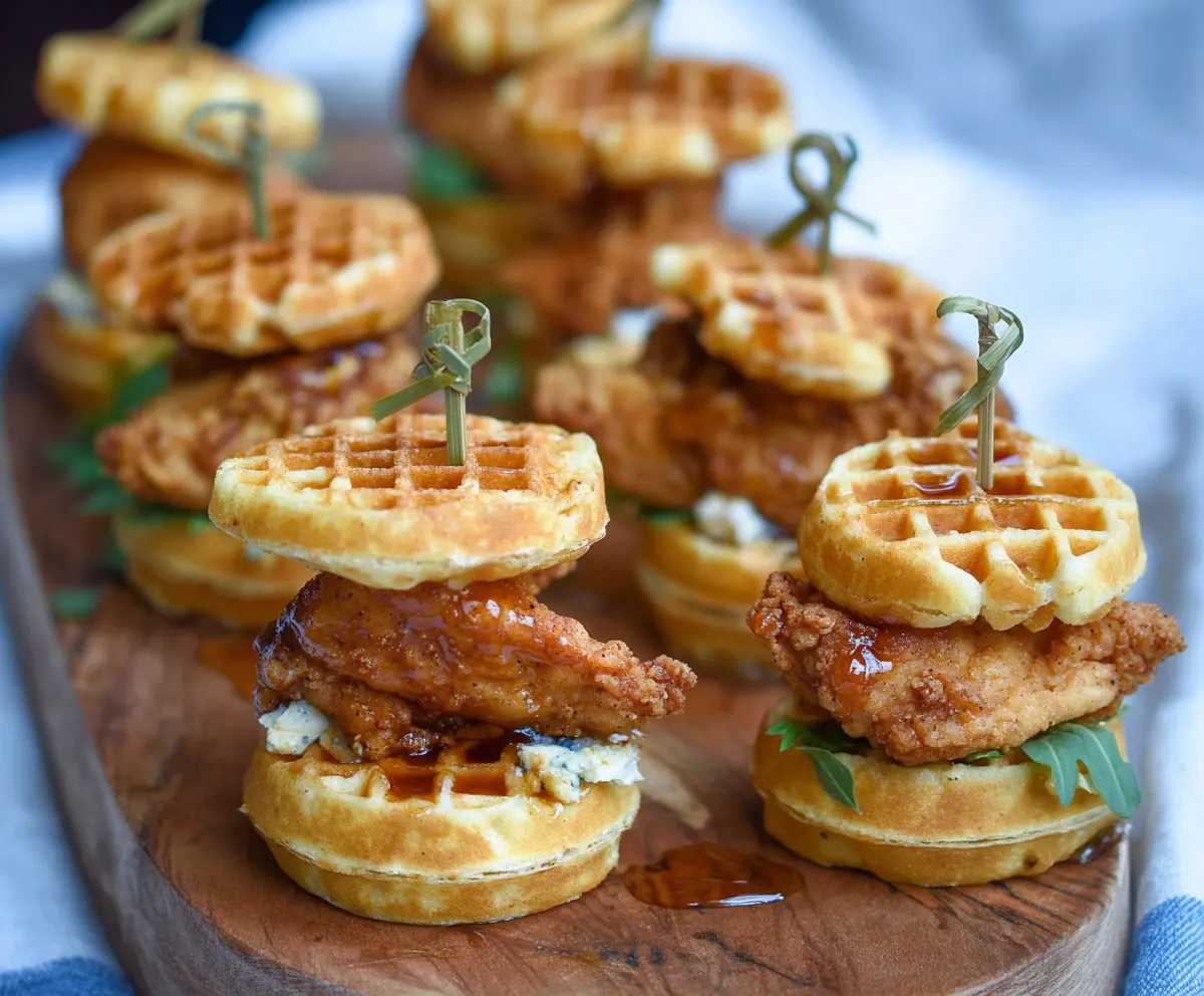 Delicious mini chicken and waffle sliders served on a platter, perfect for appetizers or parties.